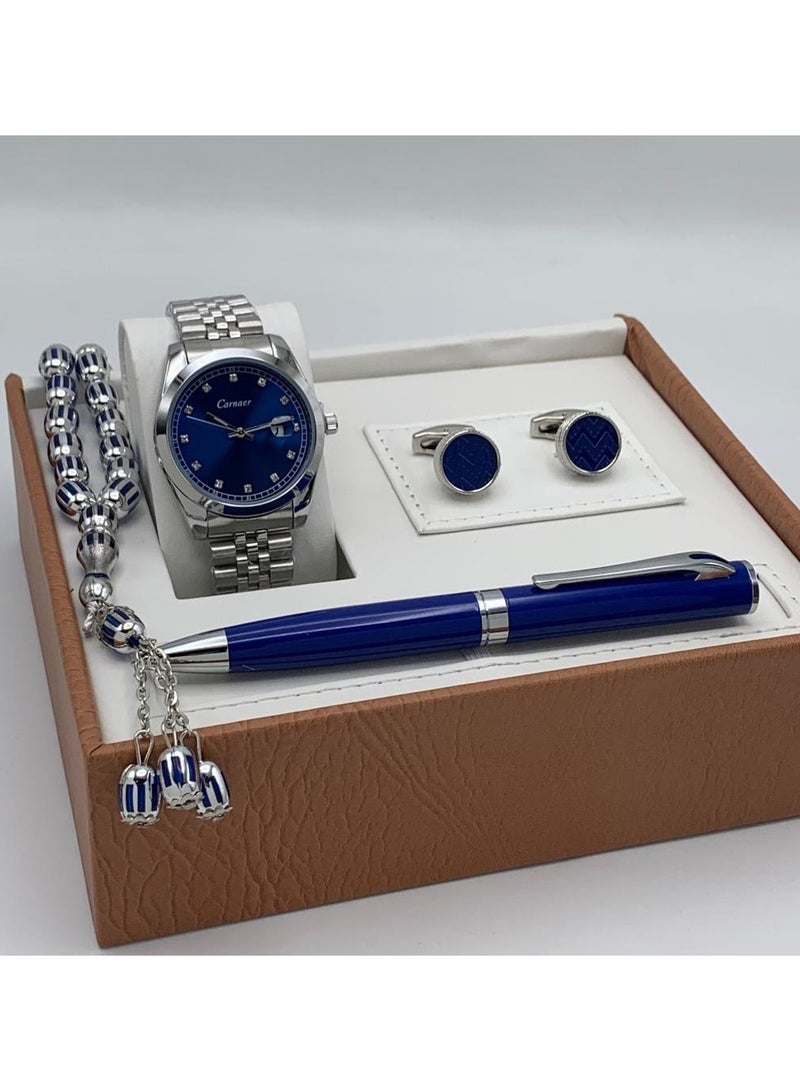 Men's set from Carnaer, consisting of fuor pieces: a watch, a pen, cufflinks, and a rosary.