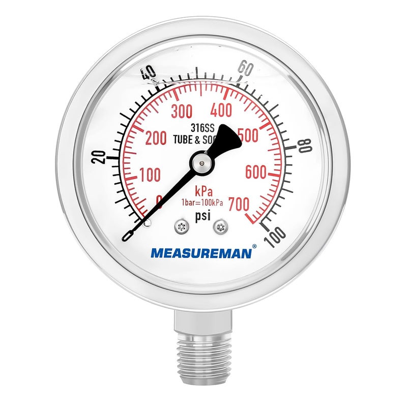 MEASUREMAN مقياس ضغط هيدروليكي مملوء بالجليسرين من الفولاذ المقاوم للصدأ بالكامل من ميزورمان، حجم القرص 2-1/2 بوصة، تركيب سفلي 1/4 إنش إن بي تي، نطاق 0-100 رطل لكل بوصة مربعة/كيلو باسكال - Image 1