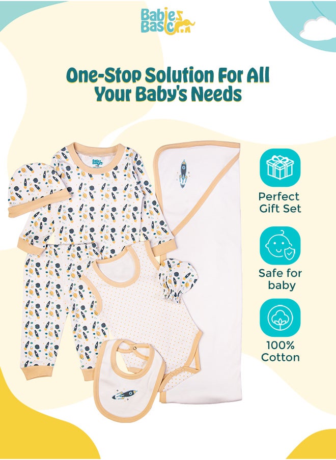 Babies Basic 7 Piece Unisex 100% Cotton Gift Set Include Bib, Blanket, Mitten, Cap, Romper, Top And Bottom Set, Beige  - Image 2