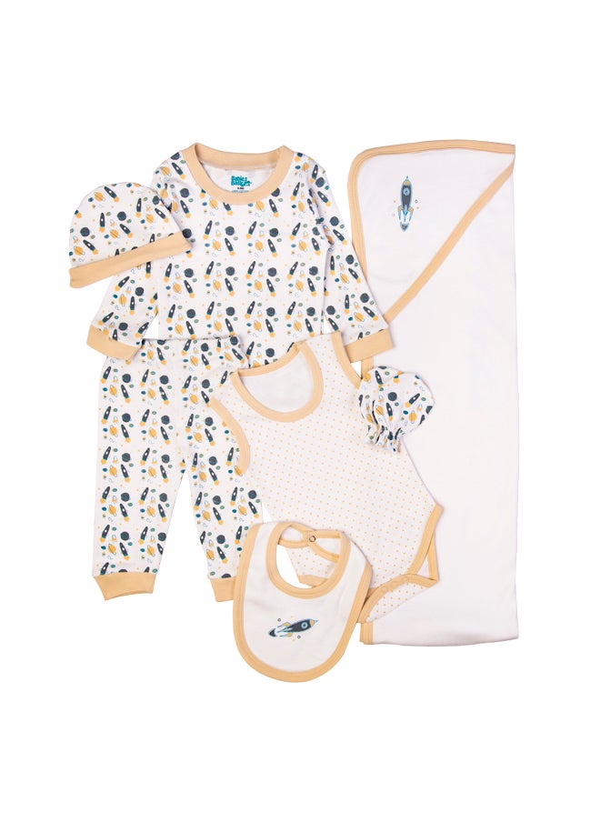 Babies Basic 7 Piece Unisex 100% Cotton Gift Set Include Bib, Blanket, Mitten, Cap, Romper, Top And Bottom Set, Beige  - Image 4