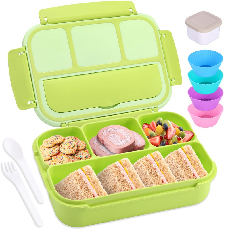 shell and turtle Bento Box Adult Lunch Box, Lunch Containers for Kids Girls Boys with 4 Compartments, Lunchable Food Container with Utensils, Sauce Jar, Muffin Liners, 40 Oz/5 Cup, Bright Green - Image 1