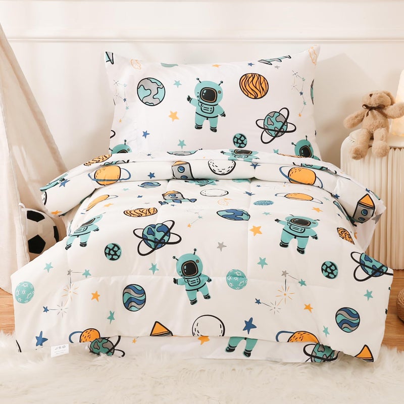 JSD JSD Blue Astronaut Toddler Bedding Set 4 Piece Space Theme Rocket BedinaBag Toddler Comforter Sheet Set Machine Washable 