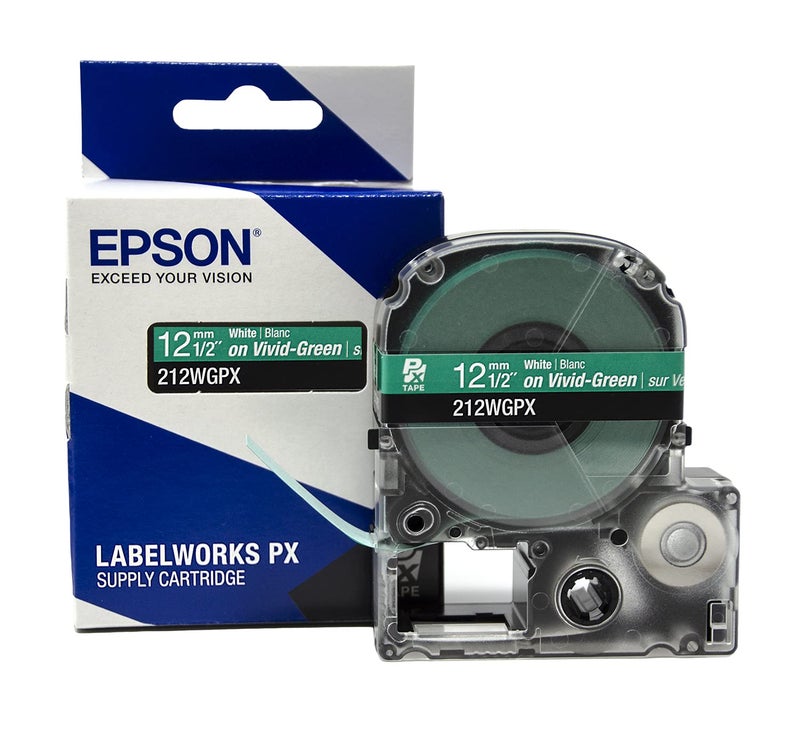 LABELWORKS Epson 212WGPX Genuine PET (Polyester) Tape Cartridge - White on Green Label Maker Tape - 1/2" (12MM) Wide, 30' - Image 1