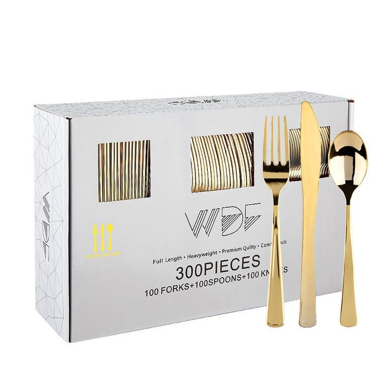 WDF300 Pieces Gold Plastic Silverware Disposable Gold Cutlery  Silverware Set Includes 100 Forks  100 Spoons  100 Knives -WDF - Image 1