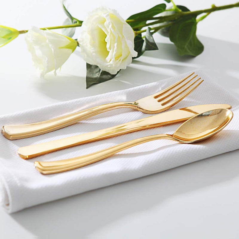 WDF300 Pieces Gold Plastic Silverware Disposable Gold Cutlery  Silverware Set Includes 100 Forks  100 Spoons  100 Knives -WDF - Image 4