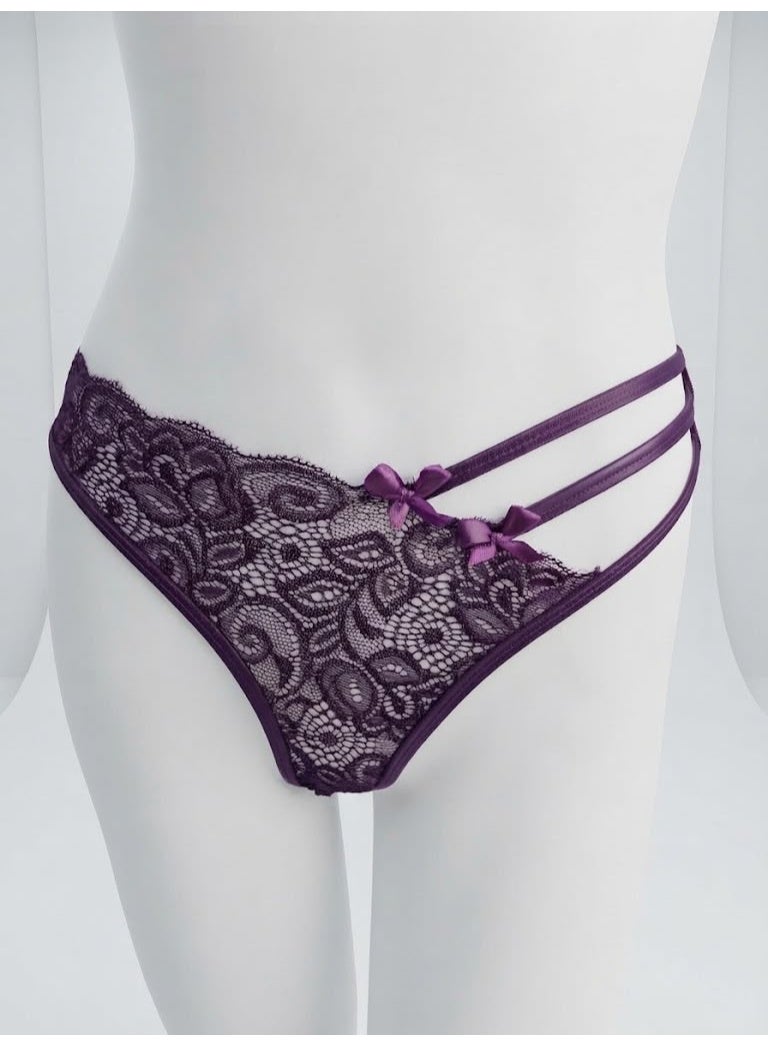 Deep Purple Floral Lace Multi-Strap Thong with Bows