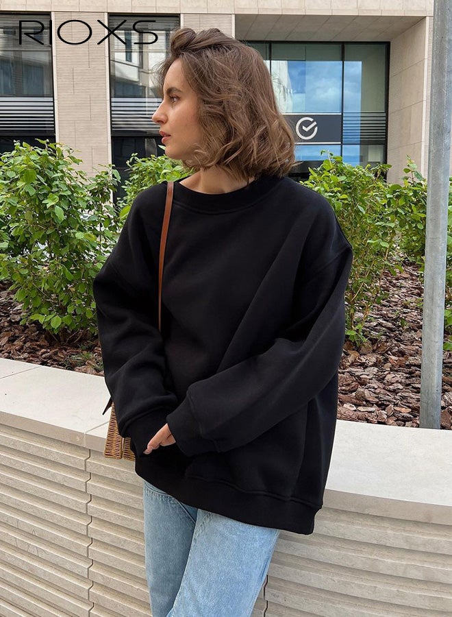 ريوكس سويت شيرتات نسائية كبيرة الحجم، بلوفرات بغطاء للرأس بأكمام طويلة ورقبة دائرية، قمصان علوية ناعمة كاجوال، ملابس خريفية أنيقة للفتيات المراهقات، لون أسود - Image 4