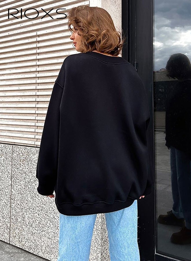 ريوكس سويت شيرتات نسائية كبيرة الحجم، بلوفرات بغطاء للرأس بأكمام طويلة ورقبة دائرية، قمصان علوية ناعمة كاجوال، ملابس خريفية أنيقة للفتيات المراهقات، لون أسود - Image 2