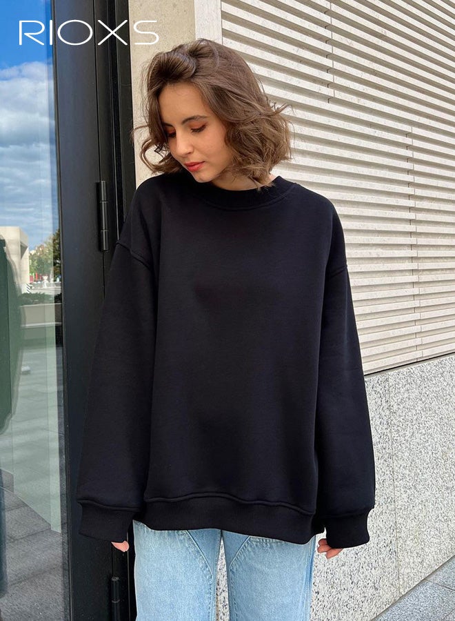 ريوكس سويت شيرتات نسائية كبيرة الحجم، بلوفرات بغطاء للرأس بأكمام طويلة ورقبة دائرية، قمصان علوية ناعمة كاجوال، ملابس خريفية أنيقة للفتيات المراهقات، لون أسود - Image 1