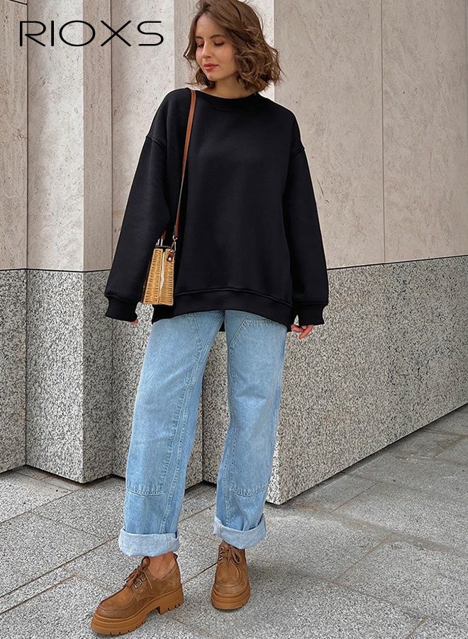 ريوكس سويت شيرتات نسائية كبيرة الحجم، بلوفرات بغطاء للرأس بأكمام طويلة ورقبة دائرية، قمصان علوية ناعمة كاجوال، ملابس خريفية أنيقة للفتيات المراهقات، لون أسود - Image 3