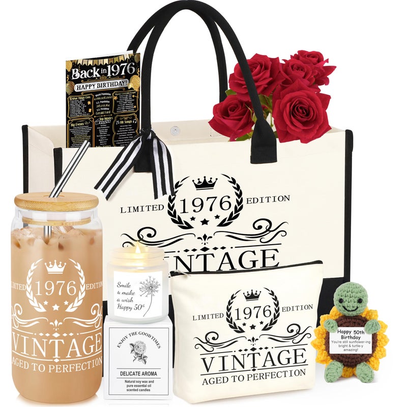 DOGMEM 50th Birthday Gifts for Women Tote Bag Birthday Gift for Her Turning 50 Vintage 1976 50 Years Old Gifts for Mom Wife Sister 1976 Canvas Tote Bag Makeup Bag Back in 1976 Poster Gift for Her - Image 1
