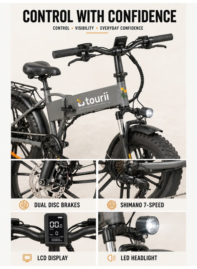TOURII EP-2 Electric Folding Bike, 500W Motor, 48V 13Ah Removable In-Frame Battery, Up to 100 km Assist Range, 20" × 4.0" Fat Tires, Shimano 7-Speed, Front Suspension and Rear Rack, Grey - Image 4