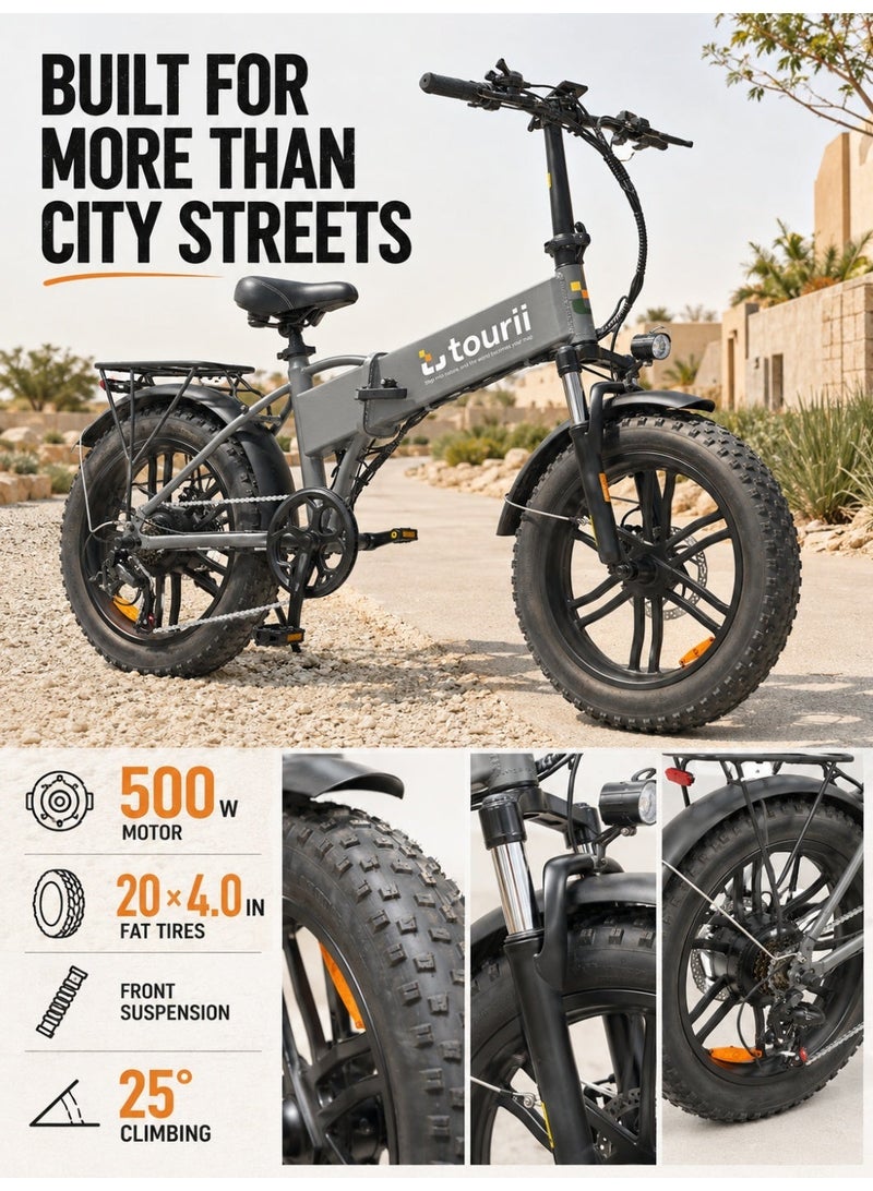 TOURII EP-2 Electric Folding Bike, 500W Motor, 48V 13Ah Removable In-Frame Battery, Up to 100 km Assist Range, 20" × 4.0" Fat Tires, Shimano 7-Speed, Front Suspension and Rear Rack, Grey - Image 3