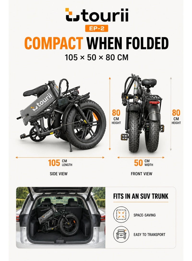 TOURII EP-2 Electric Folding Bike, 500W Motor, 48V 13Ah Removable In-Frame Battery, Up to 100 km Assist Range, 20" × 4.0" Fat Tires, Shimano 7-Speed, Front Suspension and Rear Rack, Grey - Image 2