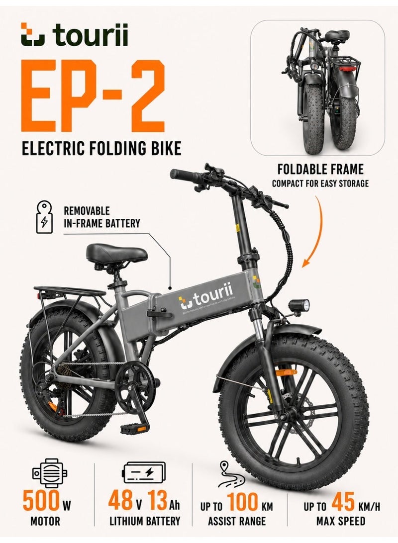 TOURII EP-2 Electric Folding Bike, 500W Motor, 48V 13Ah Removable In-Frame Battery, Up to 100 km Assist Range, 20" × 4.0" Fat Tires, Shimano 7-Speed, Front Suspension and Rear Rack, Grey - Image 1
