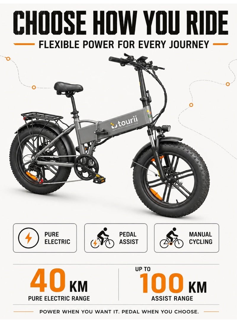TOURII EP-2 Electric Folding Bike, 500W Motor, 48V 13Ah Removable In-Frame Battery, Up to 100 km Assist Range, 20" × 4.0" Fat Tires, Shimano 7-Speed, Front Suspension and Rear Rack, Grey - Image 5