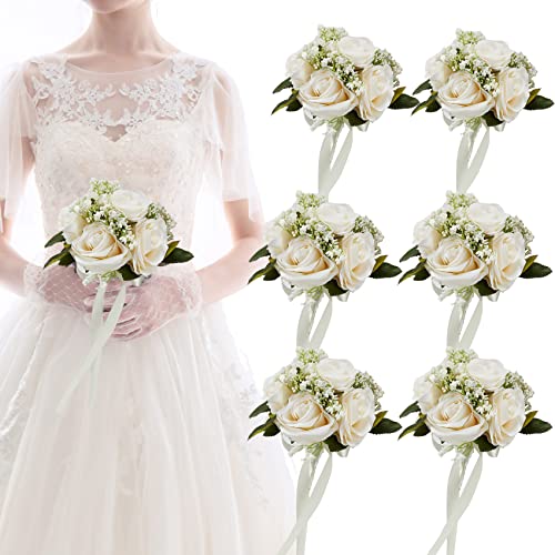 Meldel 65 Inch Bridesmaid Bouquet Set of 6 Ivory Wedding Bouquets for Bridesmaids Small Bridesmaid Bouquets for Wedding Artificial Wedding Bouquet Flower Floral Wedding Centerpieces