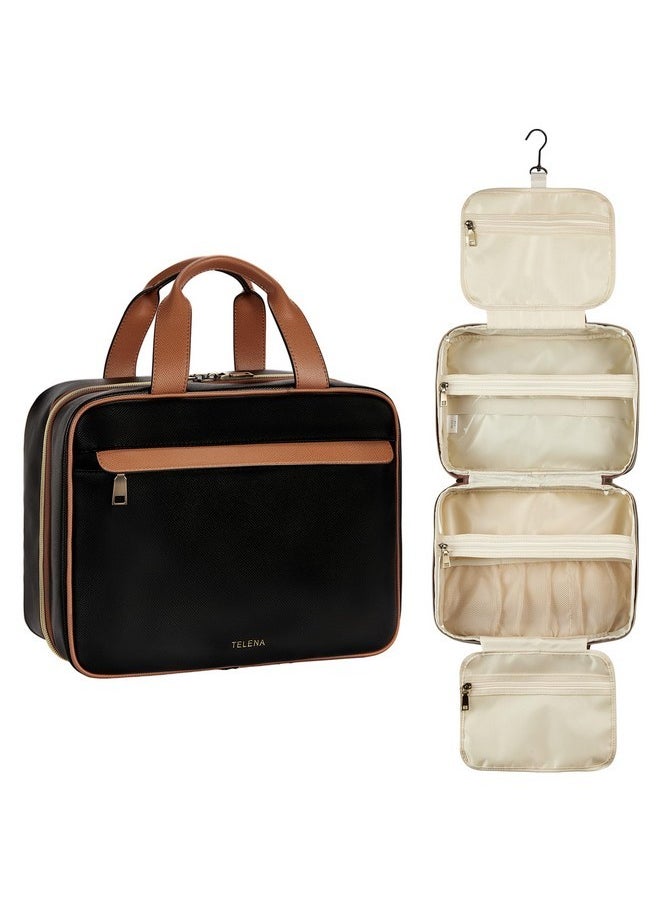 Telena Travel Toiletry Bag For Women, Toiletry Bag Travel Bag With Hanging Hook, Water-Resistant Makeup Organizer, Cosmetic Bag Travel Accessories, Black With Brown  - Image 1