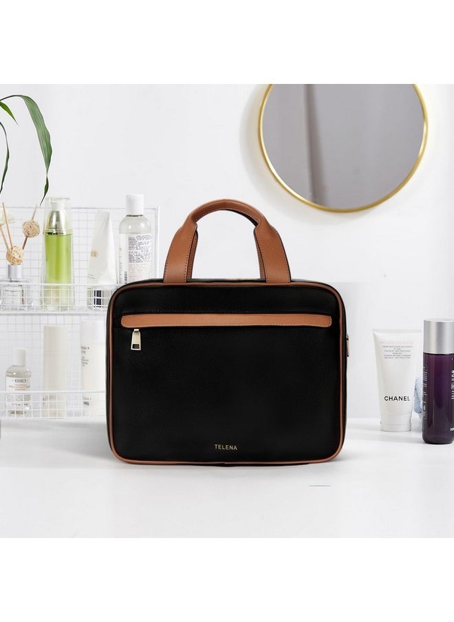 Telena Travel Toiletry Bag For Women, Toiletry Bag Travel Bag With Hanging Hook, Water-Resistant Makeup Organizer, Cosmetic Bag Travel Accessories, Black With Brown  - Image 3