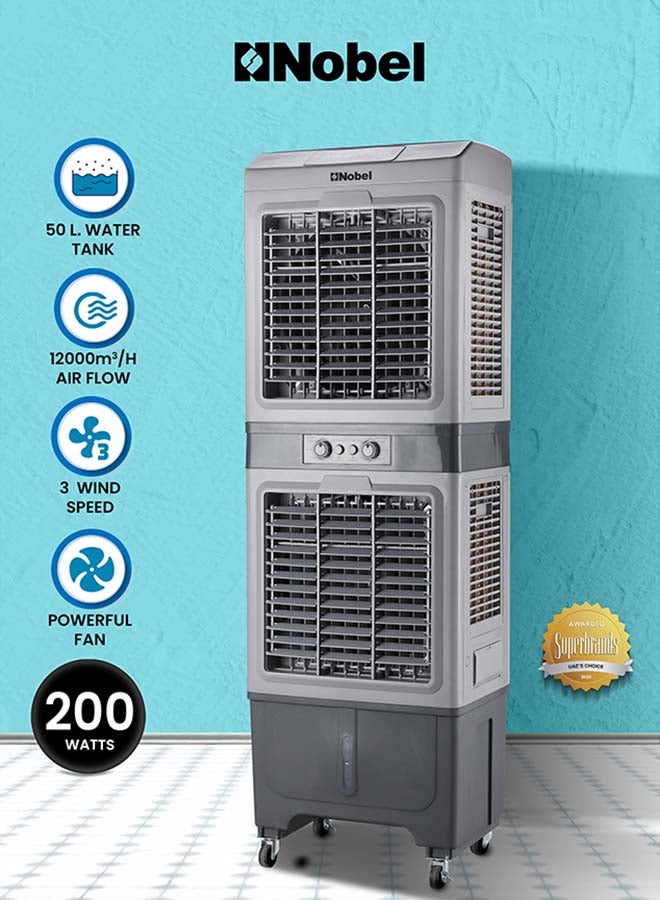 Nobel 50L Air Cooler with Honeycomb Cooling Pad – 12000 m³/h High Airflow, 3-Speed Settings, Powerful Axial Fan, Easy Mobility 50 L 200 W NAC2050S Black - Image 1