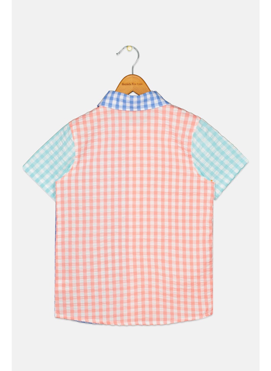 Andy & Evan Kids Boy Spread Collar Short Sleeve Gingham Casual Shirt, Blue  - Image 2