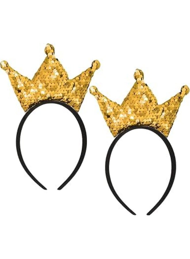 سيوسي Golden Crown Hairband, Glittering Gold Tiaras, Sparkling Sequin Headpiece with Adjustable Elastic Band, for Women's Birthday Party, Kids Costume Event, Baby Photoshoot, Festival Celebration (2 Pack) - Image 1
