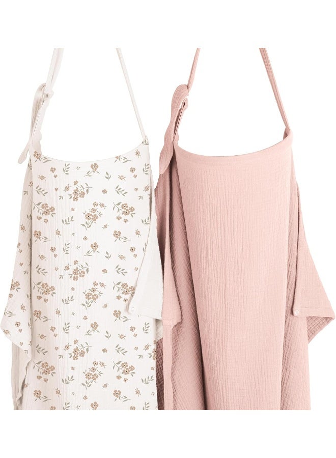 Konssy 2 Pack Muslin Nursing Cover Up for Breastfeeding, Breathable 100% Cotton Breast Feeding Cover with Rigid Hoop for Women Mother Nursing Apron, Multi-use Carseat Canopy (Pink, Blossom)