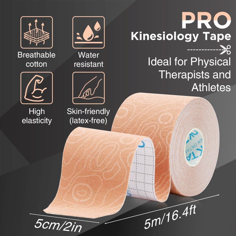 OK TAPE PRO Kinesiology Tape Uncut Roll, Elastic Physical Therapy Athletic Tape for Pain Relief, Muscle Support, Kinetic Tape, Water Resistant, 2in X 16.4ft -Beige - Image 2