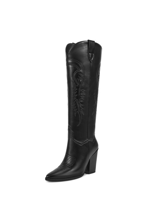 ISNOM Women's Black Cowgirl Knee High Western Boots - Wide Calf, Tall, High Heel - Image 1