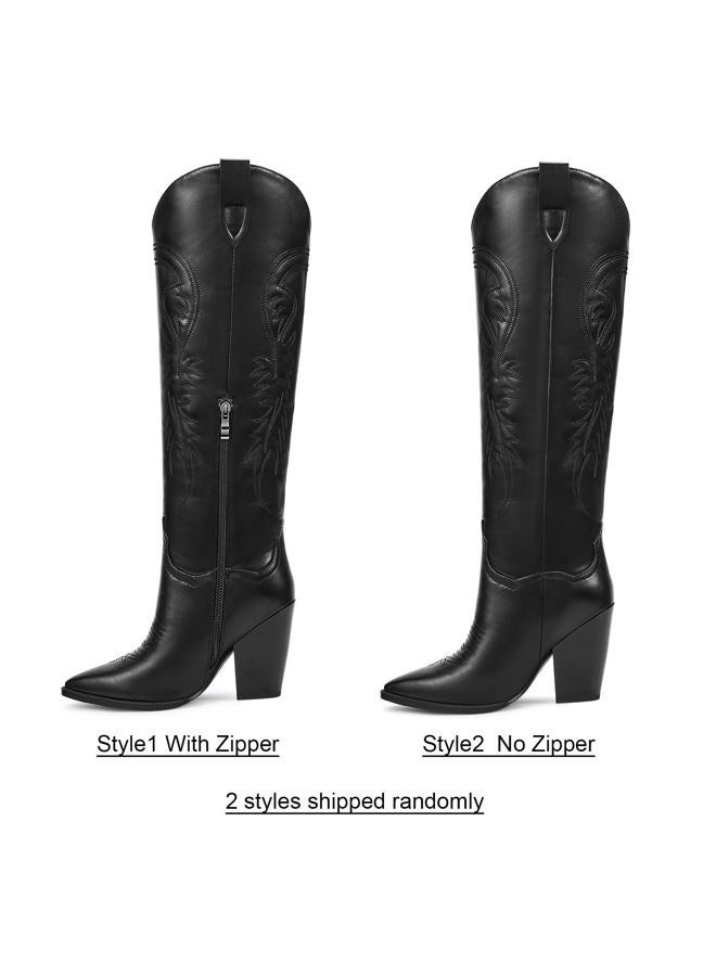 ISNOM Women's Black Cowgirl Knee High Western Boots - Wide Calf, Tall, High Heel - Image 4