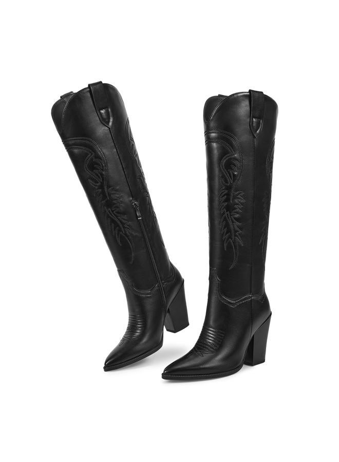 ISNOM Women's Black Cowgirl Knee High Western Boots - Wide Calf, Tall, High Heel - Image 5