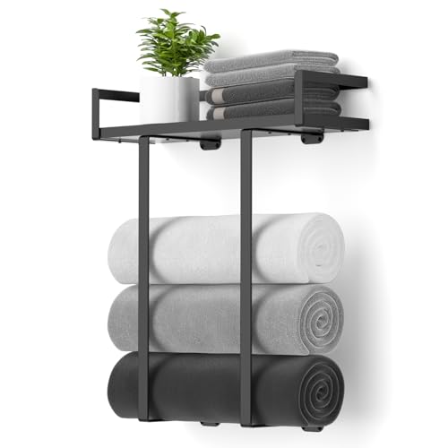 Xstydes Towel Racks for Bathroom Wall Mounted, Xstydes Metal Towel Holder with Wooden Shelf for Folding Large Towels, Towel Storage for Small Bathroom Organizer Decor or RV Camping, Black - Image 1