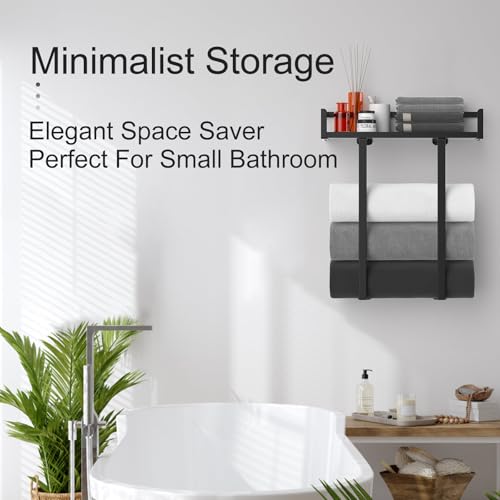 Xstydes Towel Racks for Bathroom Wall Mounted, Xstydes Metal Towel Holder with Wooden Shelf for Folding Large Towels, Towel Storage for Small Bathroom Organizer Decor or RV Camping, Black - Image 2