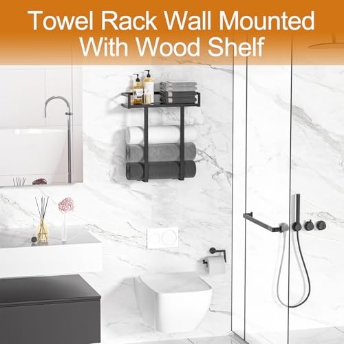 Xstydes Towel Racks for Bathroom Wall Mounted, Xstydes Metal Towel Holder with Wooden Shelf for Folding Large Towels, Towel Storage for Small Bathroom Organizer Decor or RV Camping, Black - Image 3