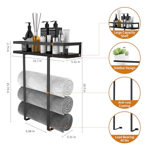 Xstydes Towel Racks for Bathroom Wall Mounted, Xstydes Metal Towel Holder with Wooden Shelf for Folding Large Towels, Towel Storage for Small Bathroom Organizer Decor or RV Camping, Black - Image 5