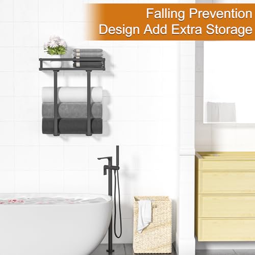 Xstydes Towel Racks for Bathroom Wall Mounted, Xstydes Metal Towel Holder with Wooden Shelf for Folding Large Towels, Towel Storage for Small Bathroom Organizer Decor or RV Camping, Black - Image 4