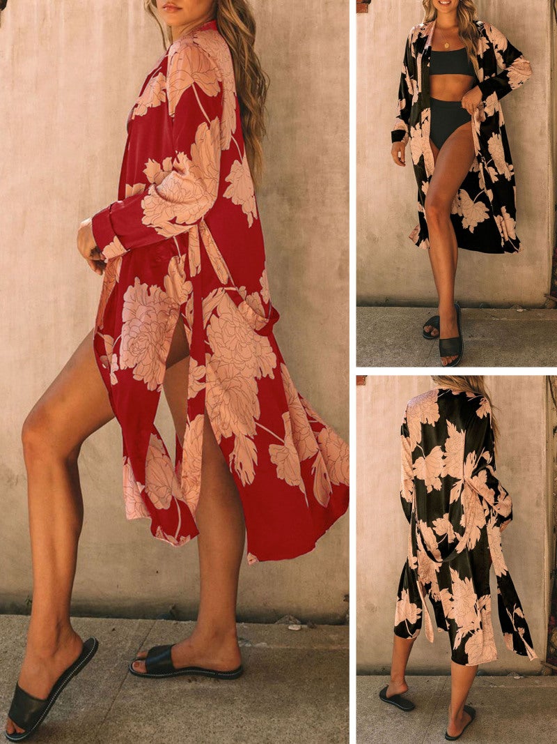Women Beach Cover Ups Kimono Robes with Waist Strap Floral Long Sleeve Holiday Beachwear - Image 4