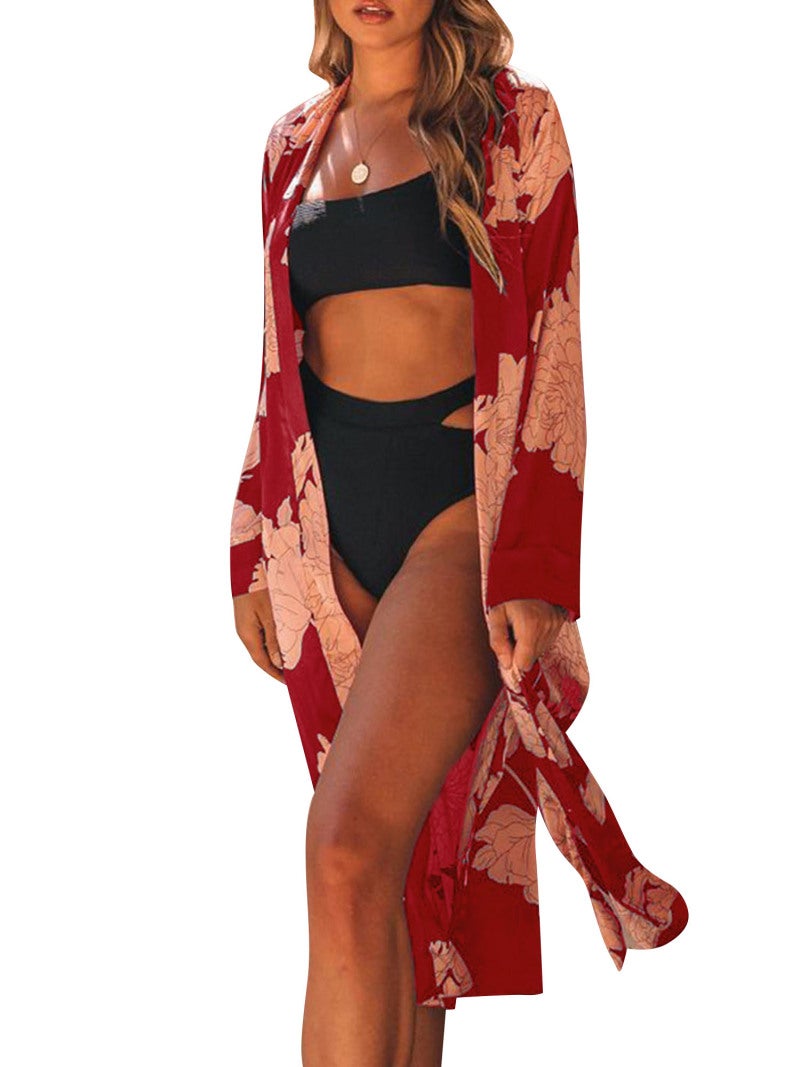 Women Beach Cover Ups Kimono Robes with Waist Strap Floral Long Sleeve Holiday Beachwear - Image 1
