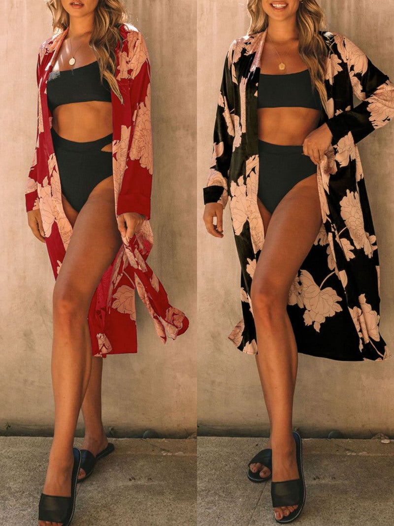 Women Beach Cover Ups Kimono Robes with Waist Strap Floral Long Sleeve Holiday Beachwear - Image 3