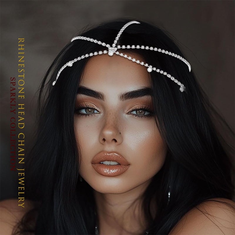 Fdesigner Rhinestone Head Chain Jewelry Silver 1920s Headpieces Vinatge Hair Jewelry Costume Hair Accessories for Women (Silver-Boho) - Image 2