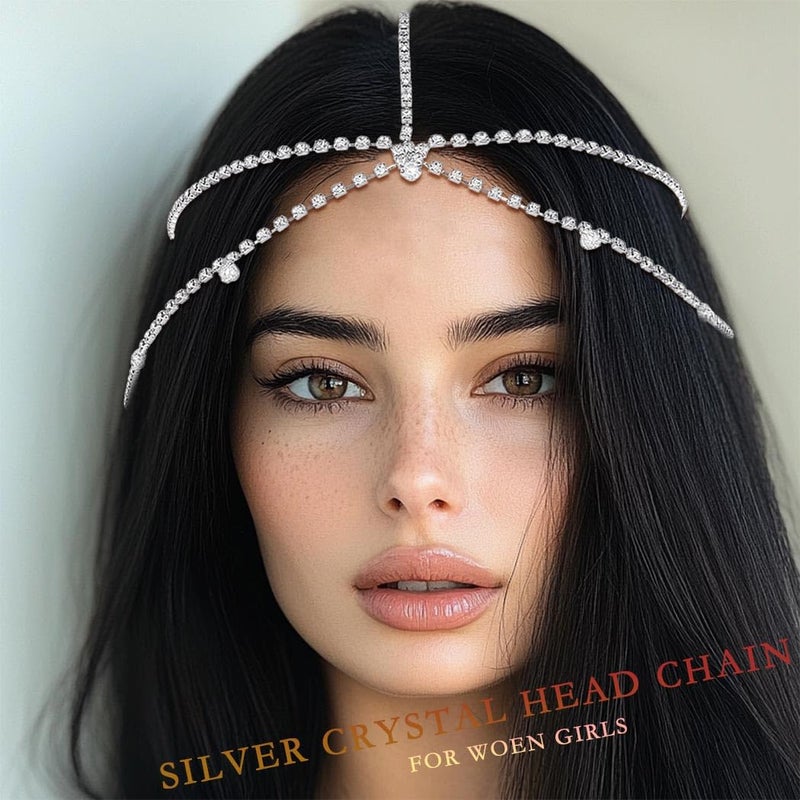 Fdesigner Rhinestone Head Chain Jewelry Silver 1920s Headpieces Vinatge Hair Jewelry Costume Hair Accessories for Women (Silver-Boho) - Image 4