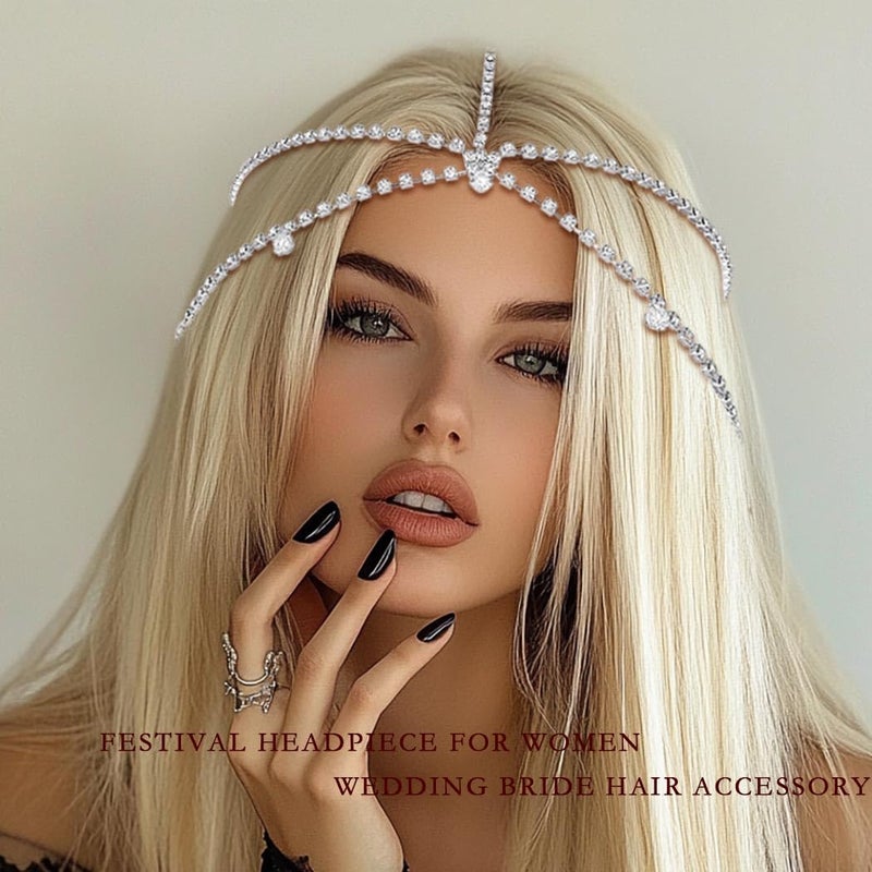Fdesigner Rhinestone Head Chain Jewelry Silver 1920s Headpieces Vinatge Hair Jewelry Costume Hair Accessories for Women (Silver-Boho) - Image 3