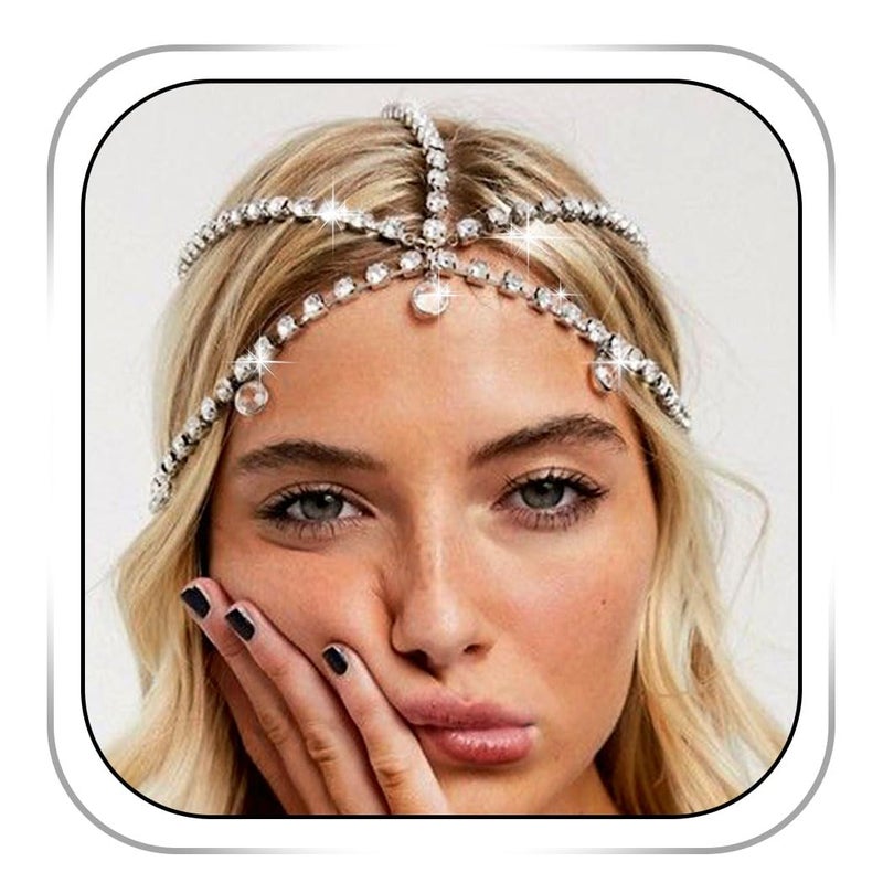 Fdesigner Rhinestone Head Chain Jewelry Silver 1920s Headpieces Vinatge Hair Jewelry Costume Hair Accessories for Women (Silver-Boho) - Image 1
