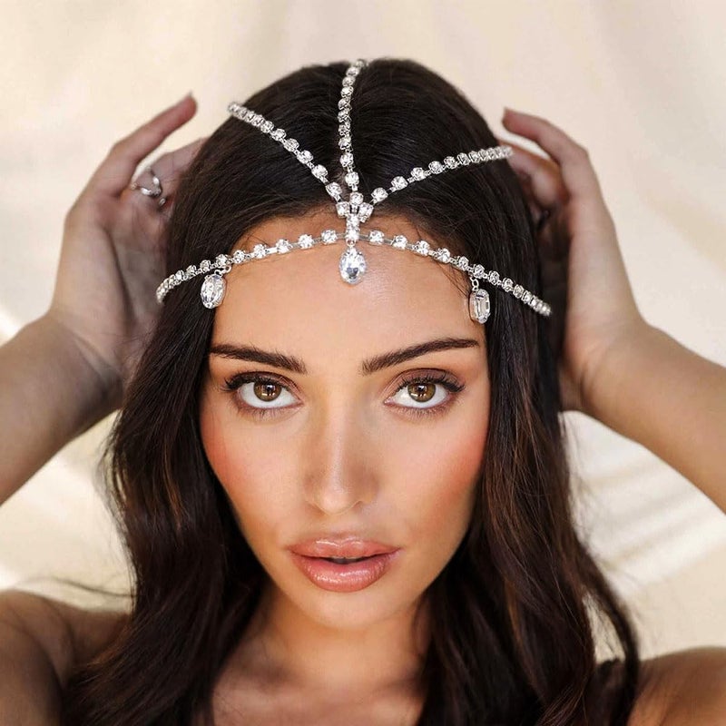 Fdesigner Rhinestone Head Chain Jewelry Silver 1920s Headpieces Vinatge Hair Jewelry Costume Hair Accessories for Women (Silver-Boho) - Image 5