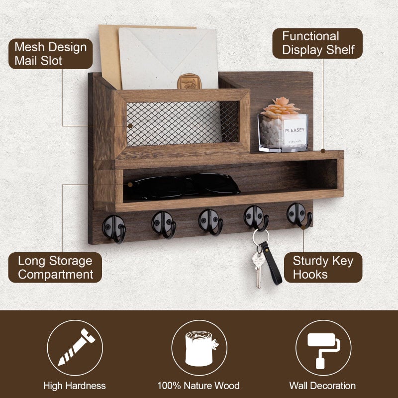 Lucundm Key Holder for Wall, Mail Organizer Wall Mount with Storage Compartment and 5 key Hooks for Coat, Dog Leash, Stylish Mesh Mail Holder, Home Decor Entry Way Organizer - Image 2