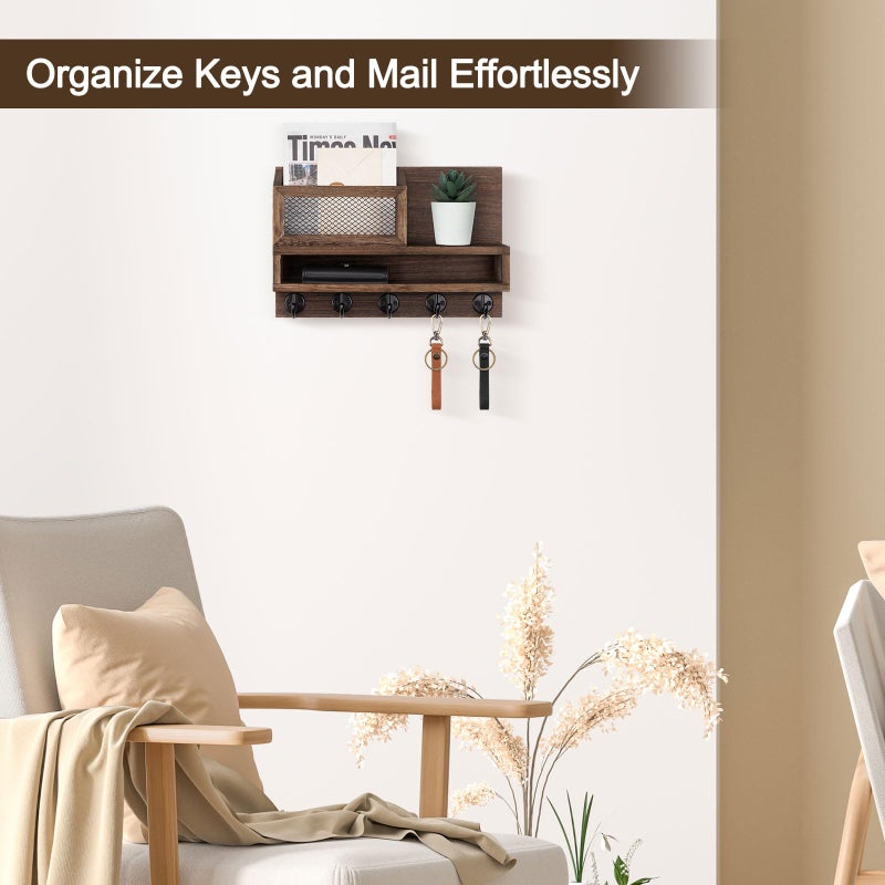 Lucundm Key Holder for Wall, Mail Organizer Wall Mount with Storage Compartment and 5 key Hooks for Coat, Dog Leash, Stylish Mesh Mail Holder, Home Decor Entry Way Organizer - Image 3