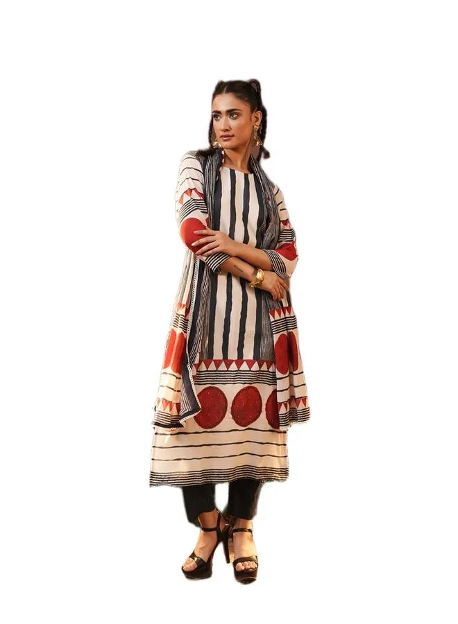 ISHIN Women's Multicolour Cotton Printed Tunic Upper Calf Length Pleat Front Bottom Straight Fit 3 Peice Kurta Set