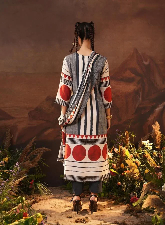 آي شين Women's Multicolour Cotton Printed Tunic Upper Calf Length Pleat Front Bottom Straight Fit 3 Peice Kurta Set