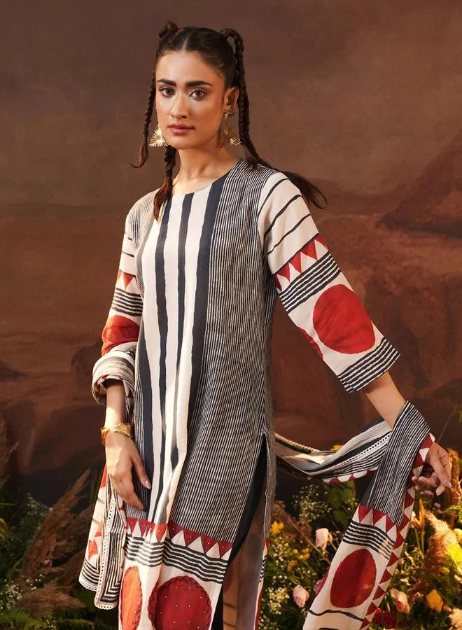 ISHIN Women's Multicolour Cotton Printed Tunic Upper Calf Length Pleat Front Bottom Straight Fit 3 Peice Kurta Set