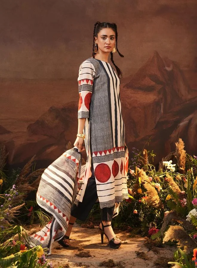 آي شين Women's Multicolour Cotton Printed Tunic Upper Calf Length Pleat Front Bottom Straight Fit 3 Peice Kurta Set